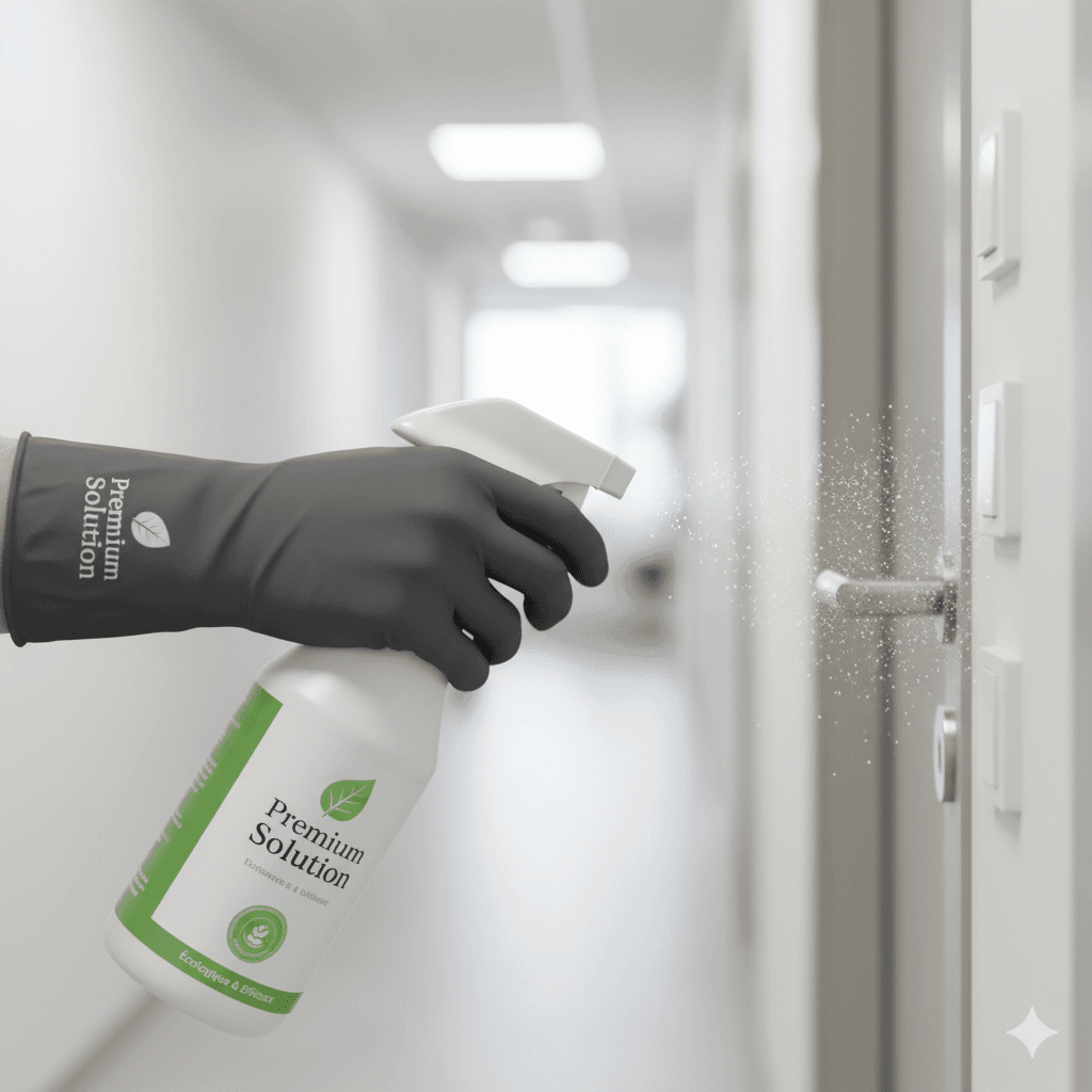 Désinfection d’une poignée avec un spray Premium Solution écologique.