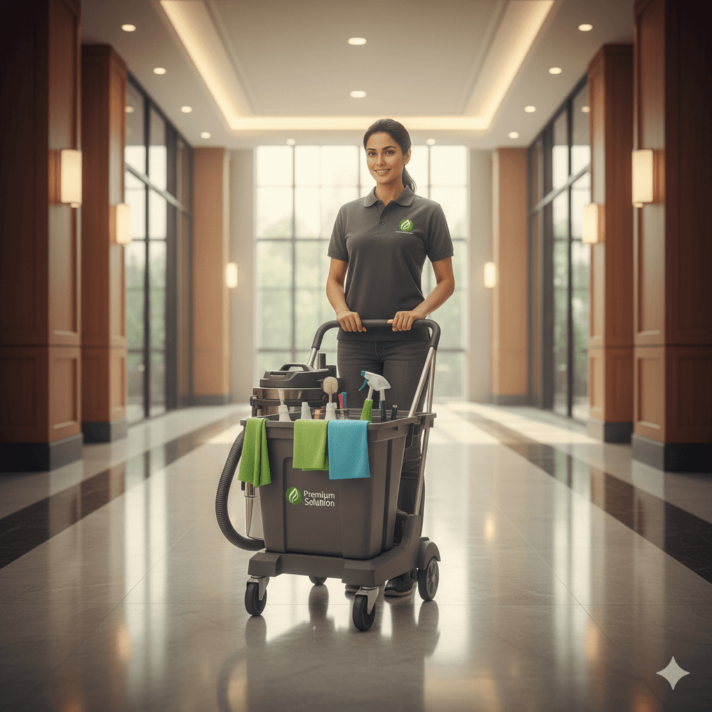 Technicienne Premium Solution prete pour une intervention de conciergerie