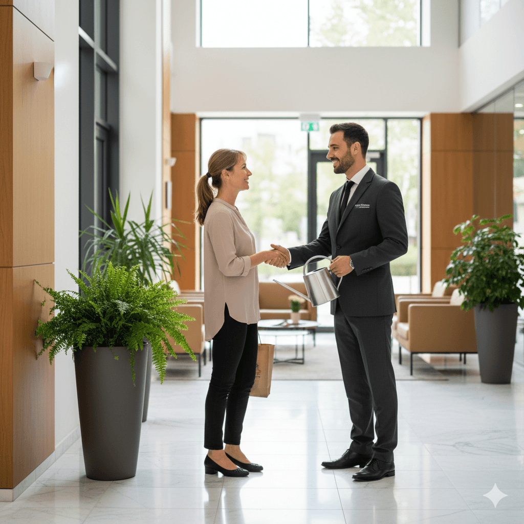 Responsable Premium Solution serrant la main d’une cliente dans un hall d’immeuble.