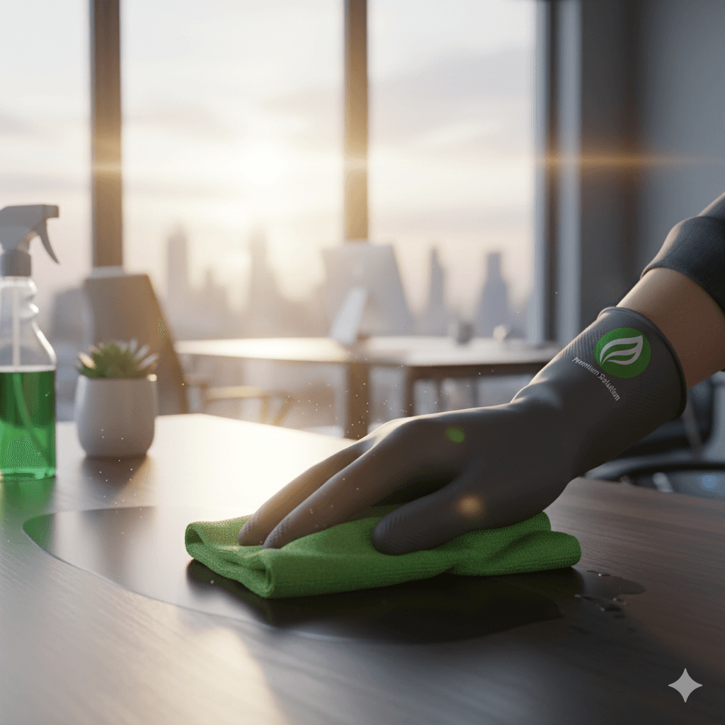 Nettoyage précis d’une surface de bureau avec les produits Premium Solution.