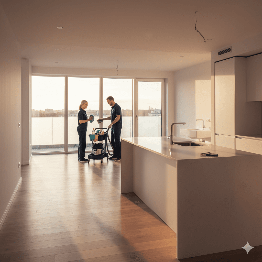 Équipe Premium Solution préparant le matériel dans un appartement lumineux.