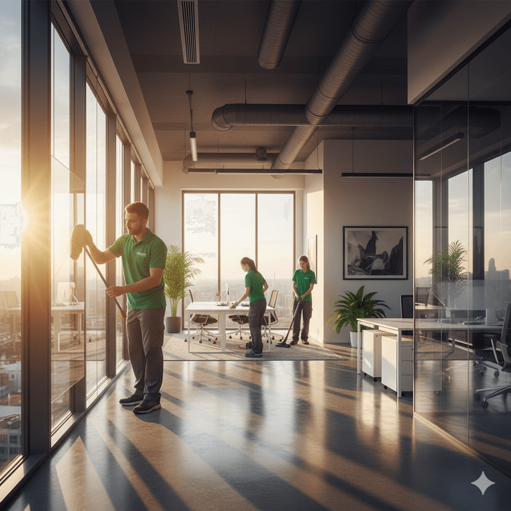 Équipe Premium Solution entretenant un open space d’entreprise au lever du soleil.