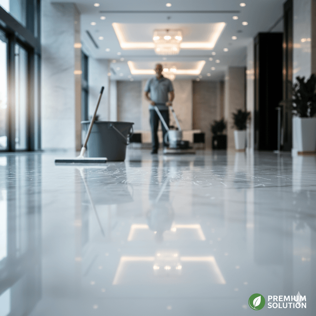 Concierge Premium Solution lustrant le sol d’un hall d’immeuble haut de gamme.